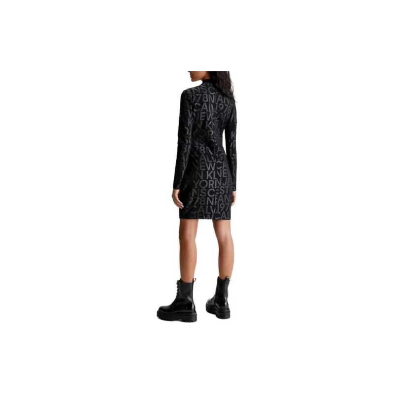 CK/Calvin Klein All Over Logo Mini Dress Long Sleeved Dress Women's Black-2