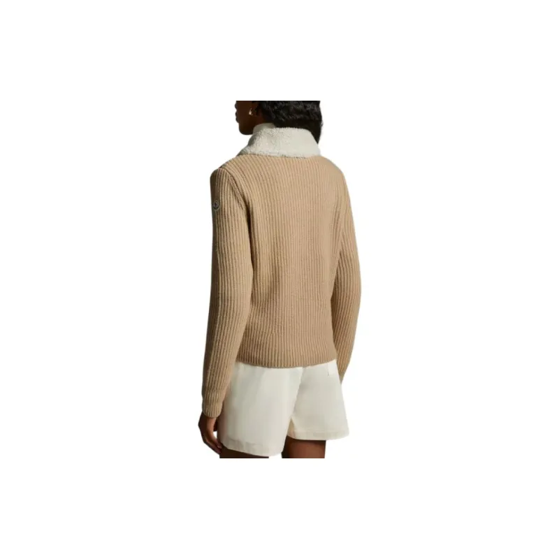 Moncler FW23 Padded Wool & Shearling Cardigan Knitwear Women's Beige-2