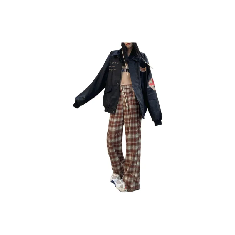 ZNZX Casual Pants Women's Red Plaid Color-1