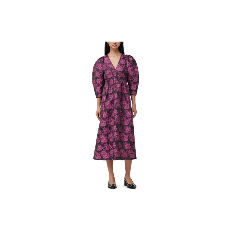 GANNI Botanical jacquard Puff sleeves Midi Dress-2