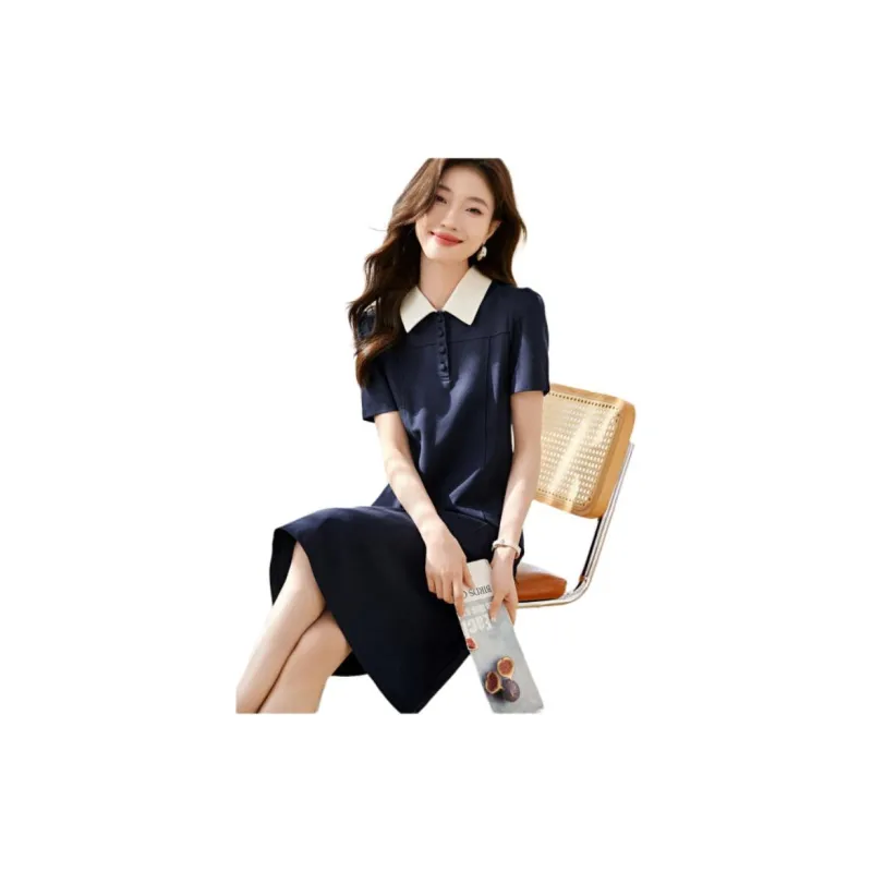 Mo Han Yi Mei Short Sleeved Dress Women's Navy Blue-3