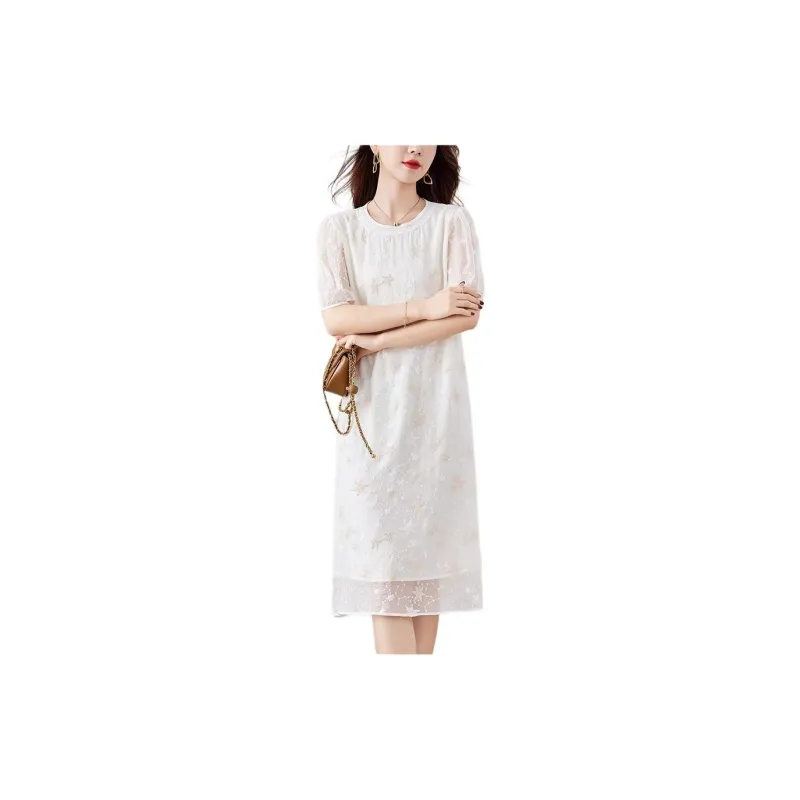 Yi Mengyuan Silk Short Sleeved Dress Women's Beige-1