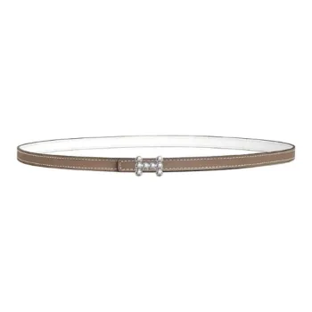 HERMES Palladium Plated Leather Belts Unisex Taupe/White Width 1.3cm