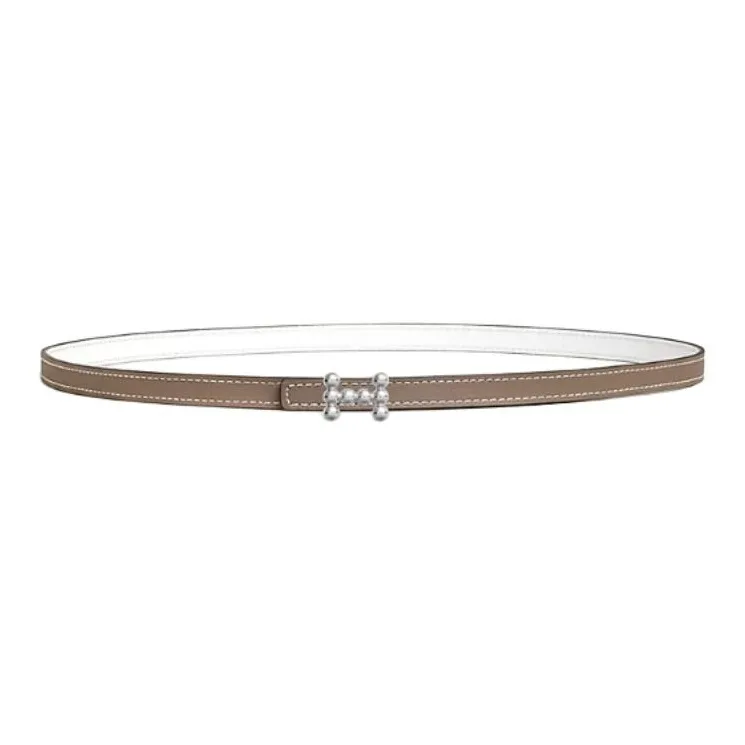 HERMES Palladium Plated Leather Belts Unisex Taupe/White Width 1.3cm-0