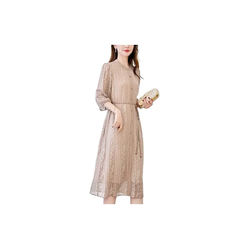 Yi Mengyuan Silk Long Sleeved Dress Women's Coffee-2