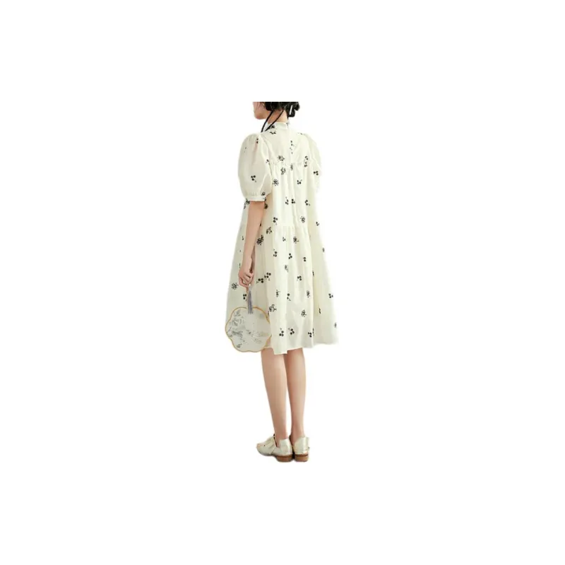 ZIHAN Short-Sleeved Dresses Women's Beige Base With Embroidery-4