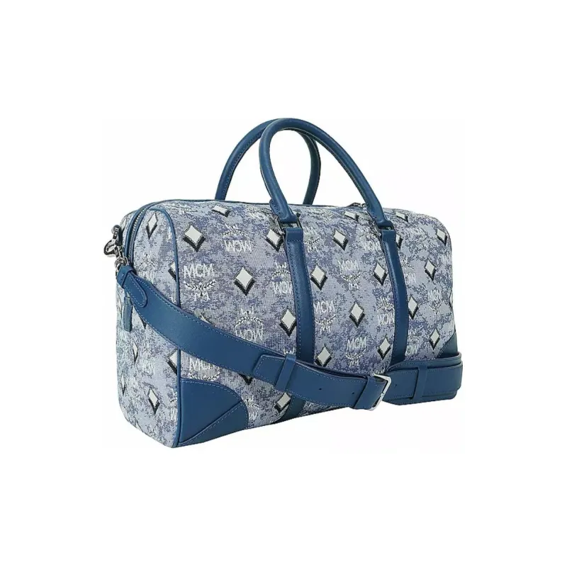 MCM Vintage Monogram Jacquard Fabric With Nappa Leather Trim Boston Bag Crossbody Handbags Medium Size Women's Blue-4