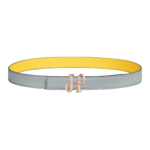 HERMES Calfskin Leather Belts Women's Gray Yellow Width 2.4CM