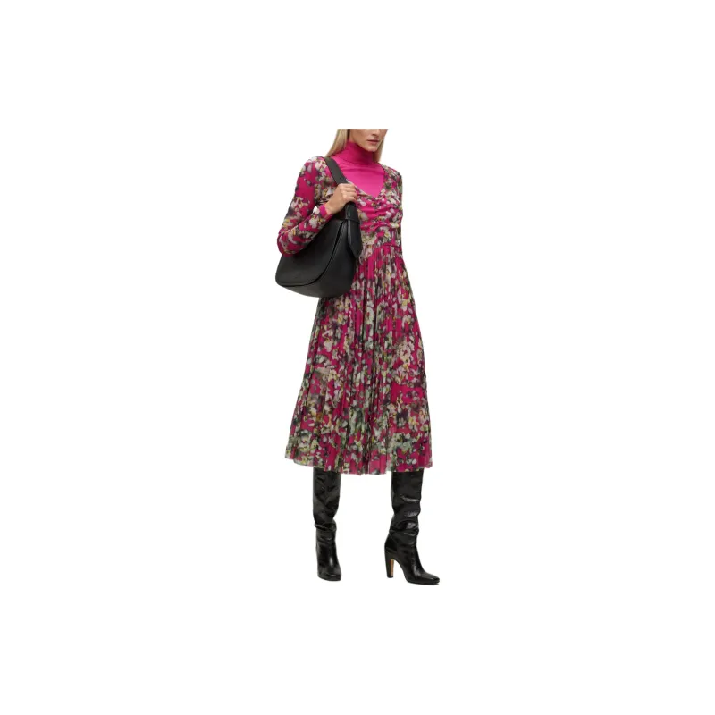 HUGO BOSS Long Sleeved Dress In Plissé Tulle With Seasonal Print Long Sleeved Dresses Women's Multicolor-3