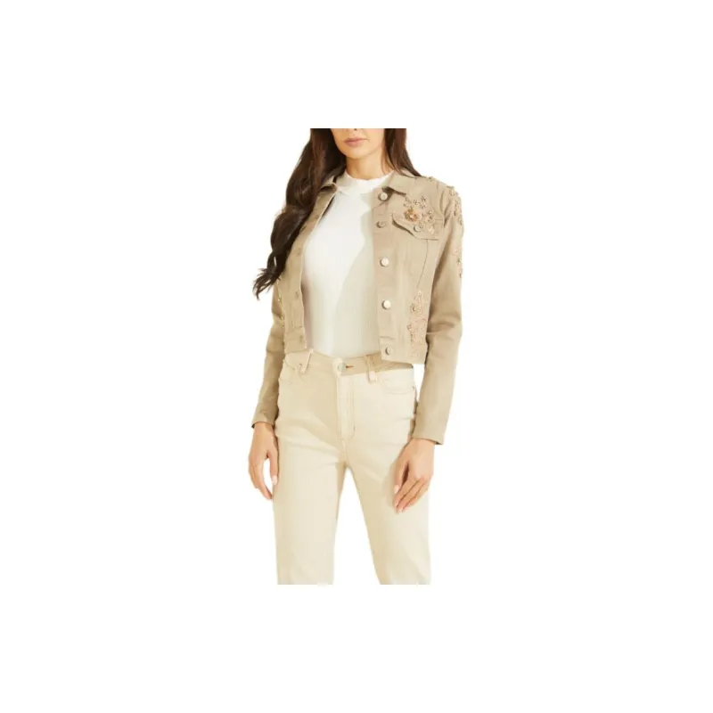 GUESS Adoria Embellished Denim Jacket Jackets Coats Women's Umber-1
