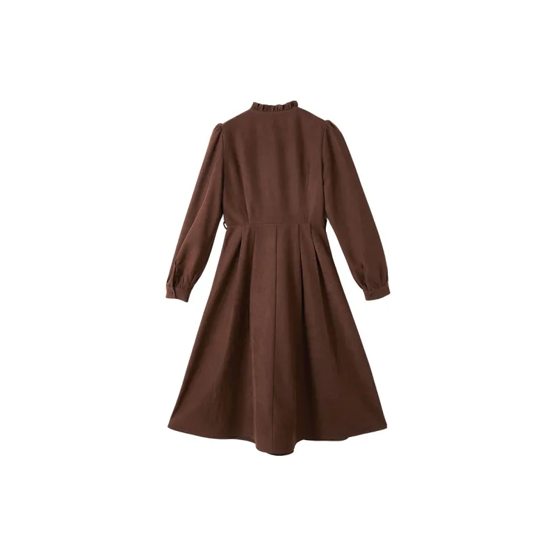 XIANGYING Long Sleeved Dress Women's Coffee-1