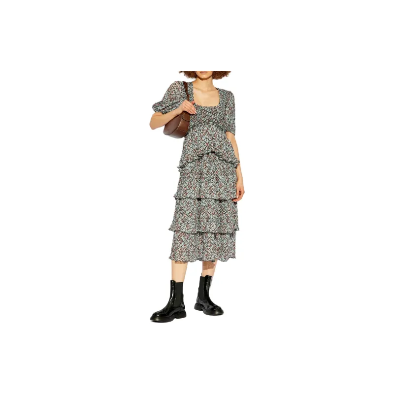 GANNI Printed Square Neck Ruffled Midi Dress-2