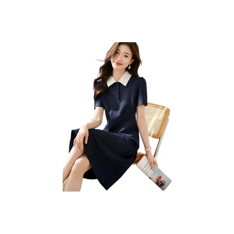 Mo Han Yi Mei Short Sleeved Dress Women's Navy Blue-1