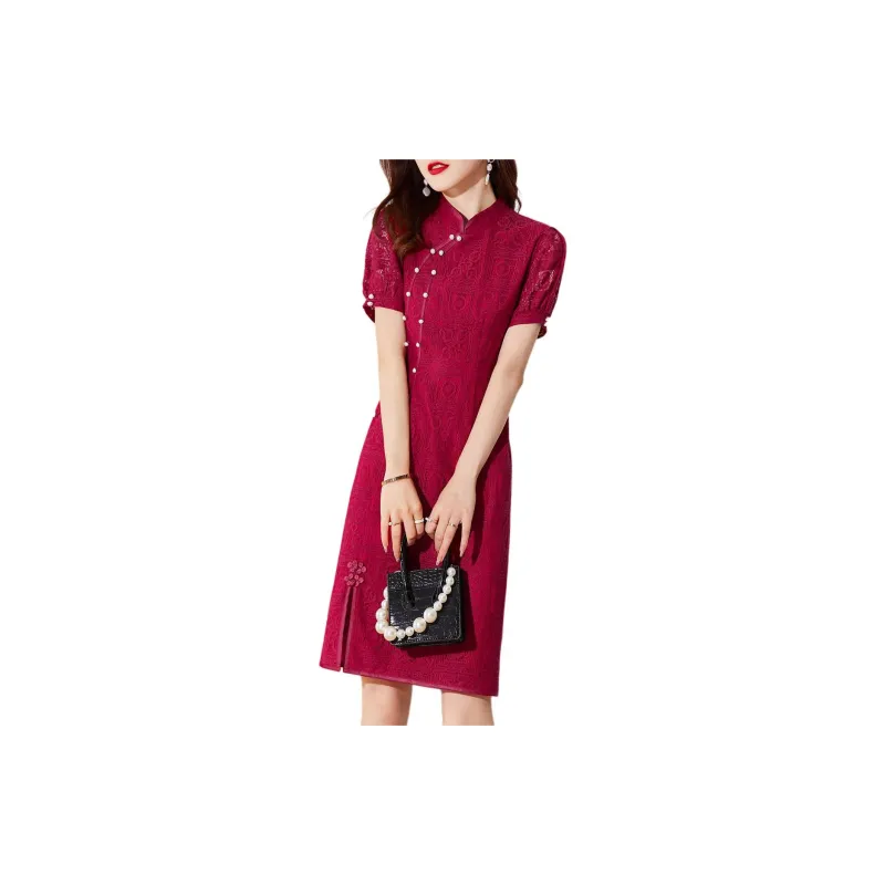 Mo Han Yi Mei Short Sleeved Dress Women's Red-3