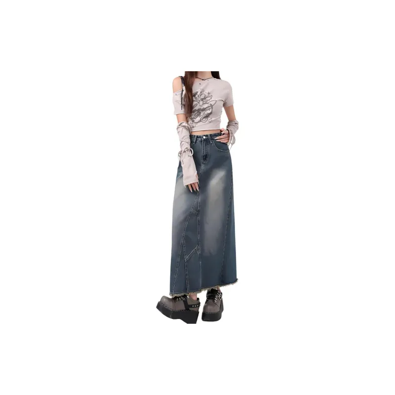 Kazakhstan Denim Long Skirts Women's Vintage Blue-2