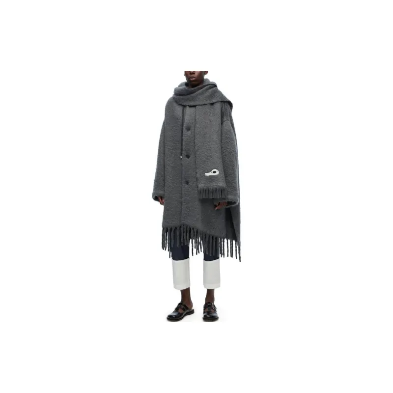 LOEWE Hooded Scarf Coat In Wool And Mohair Dark Grey Melange-3