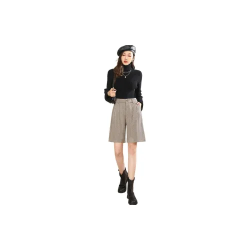 Weixi Casual Shorts Women's Coffee Herringbone