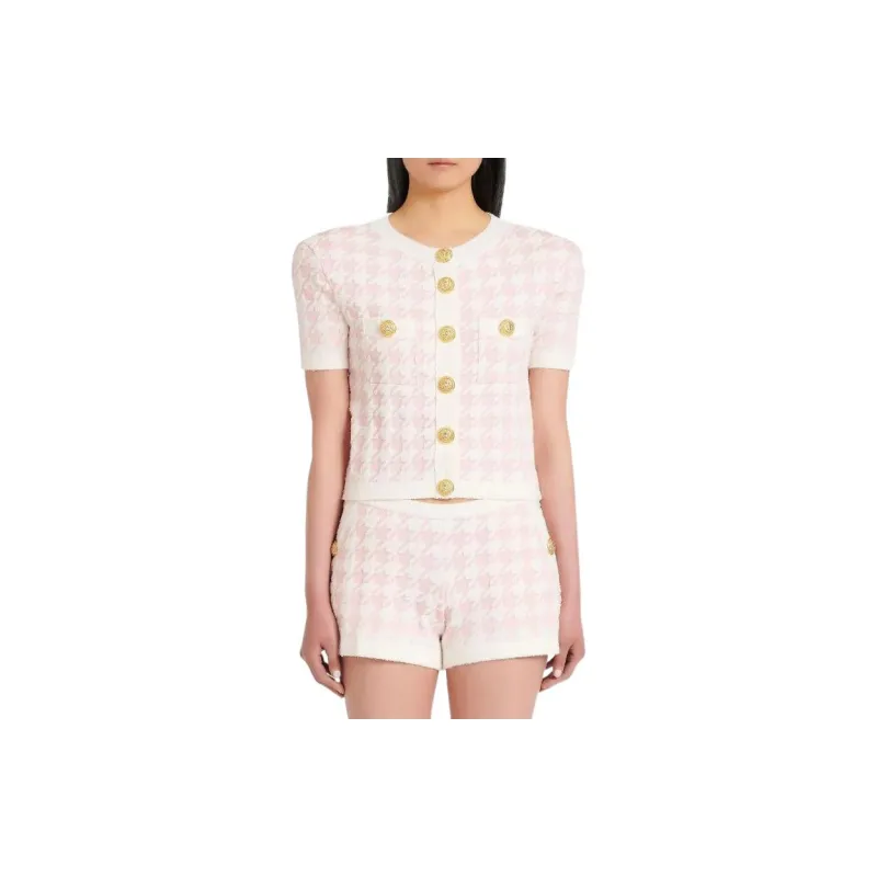 BALMAIN Houndstooth Cropped Cardigan 'Rose'-3