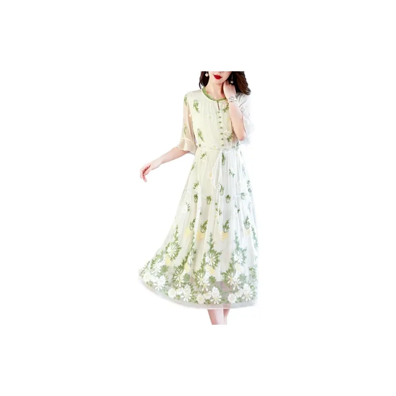 Yi Mengyuan Lace Up Silk Short Sleeved Dress Women's Green-3