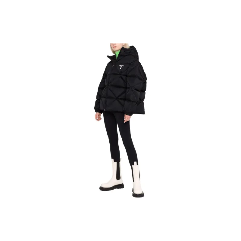 PRADA Letter Solid Color Hooded Loose Fit Down Jacket Women's Black-6