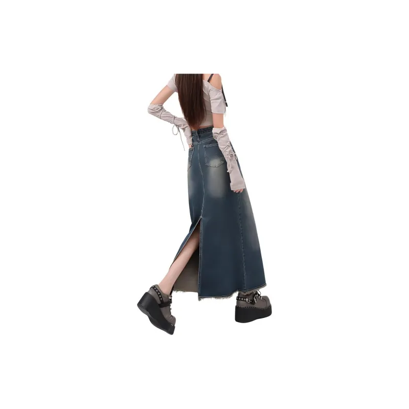Kazakhstan Denim Long Skirts Women's Vintage Blue-3