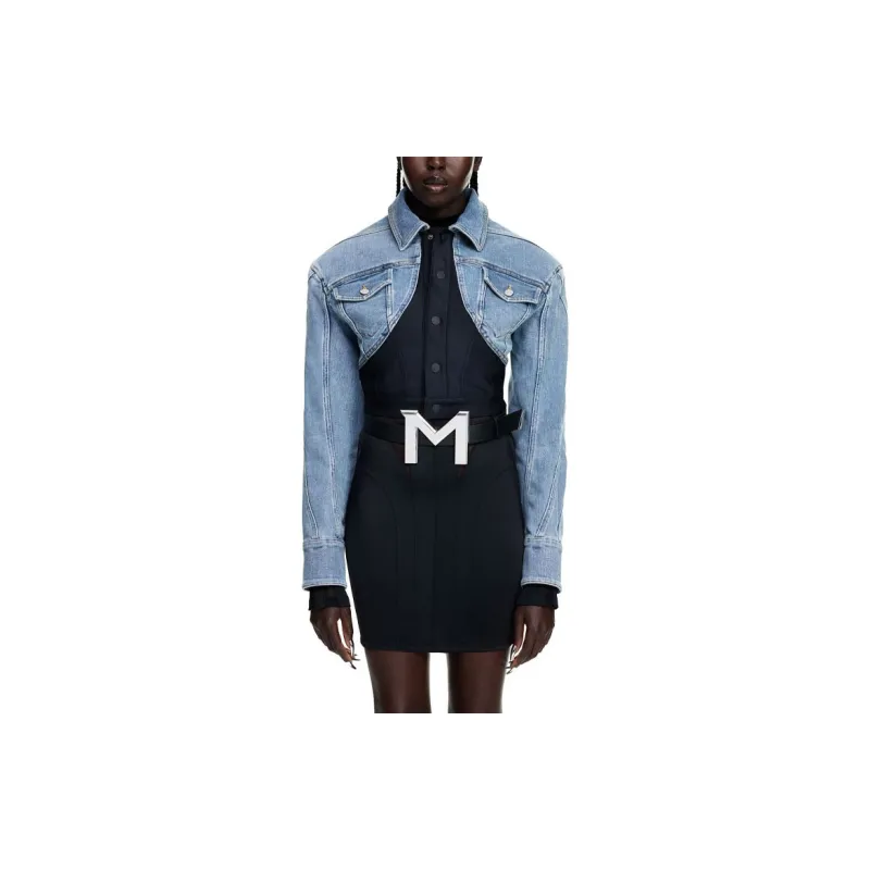 Mugler H&M Defined Waist Denim Crop Jacket Light Denim Blue/Black-2