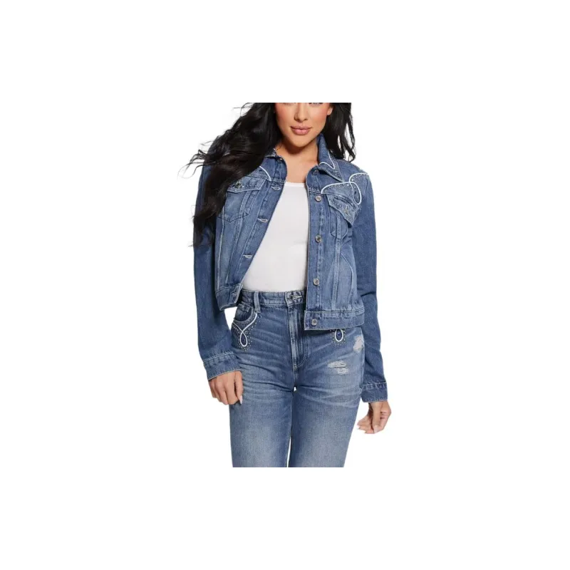 GUESS FW23 Eco Delya Denim Trucker Jacket Jackets Coats Women's Blue-2