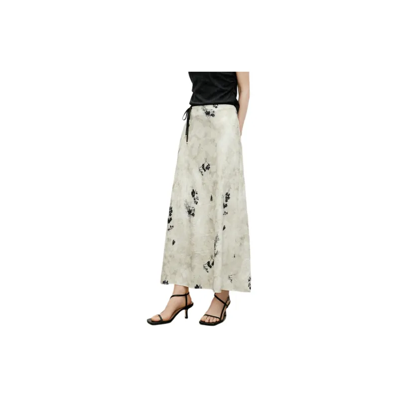 Hopeshow Casual Long Skirt Women's Beige With Black Floral-1