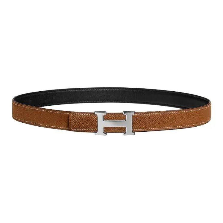 HERMES Palladium Plated Leather Belts Unisex Black/Umber Width 2.4cm-0