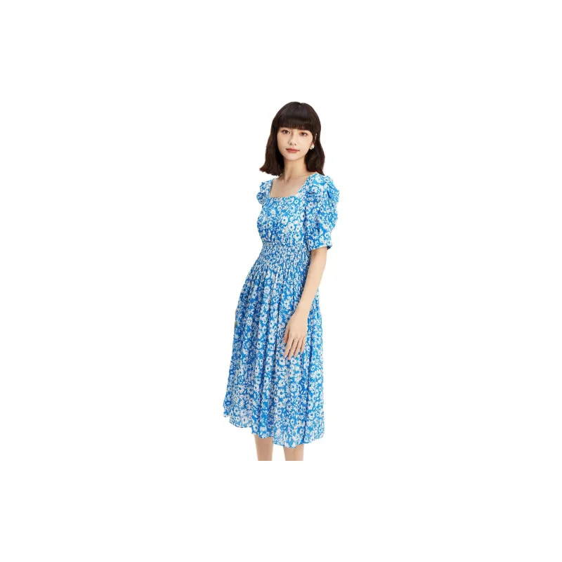 Hopeshow Short-Sleeved Dresses Women's Blue Background With Flowers-3