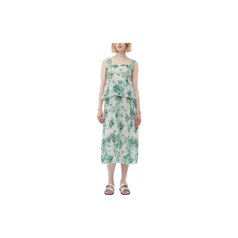 GANNI Pleated Georgette Smock Midi Dress Sleeveless Dress Women's Green-2