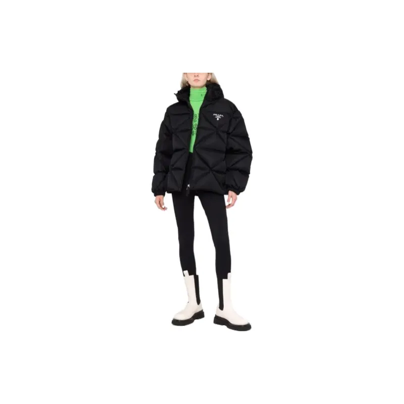 PRADA Letter Solid Color Hooded Loose Fit Down Jacket Women's Black-3