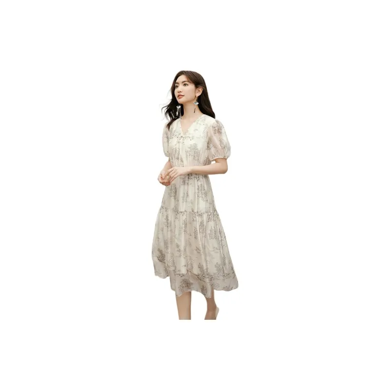 Hopeshow Short-Sleeved Dresses Women's Beige Base With Flowers-2