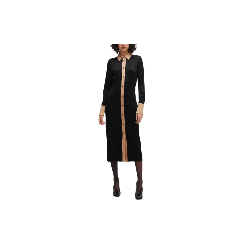 HUGO BOSS Long-Length Shirt-Style Dress In Ribbed Jersey Long-Sleeved Dresses Women's Black-1