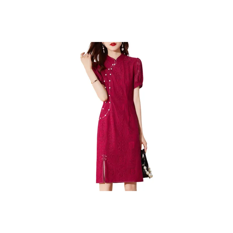 Mo Han Yi Mei Short Sleeved Dress Women's Red-4