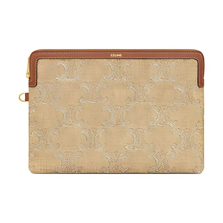 CELINE Triomphe Fabric With Calfskin Clutch Small Size Women's Natural & Silver-1