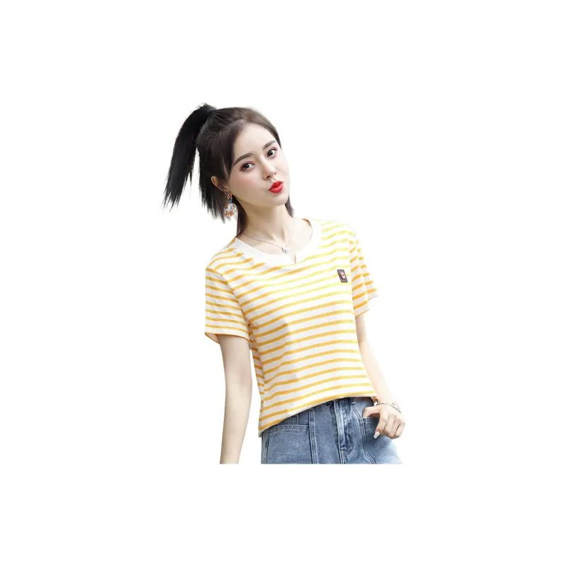 Mo Han Yi Mei T Shirt Women's White Base Yellow Stripes-1