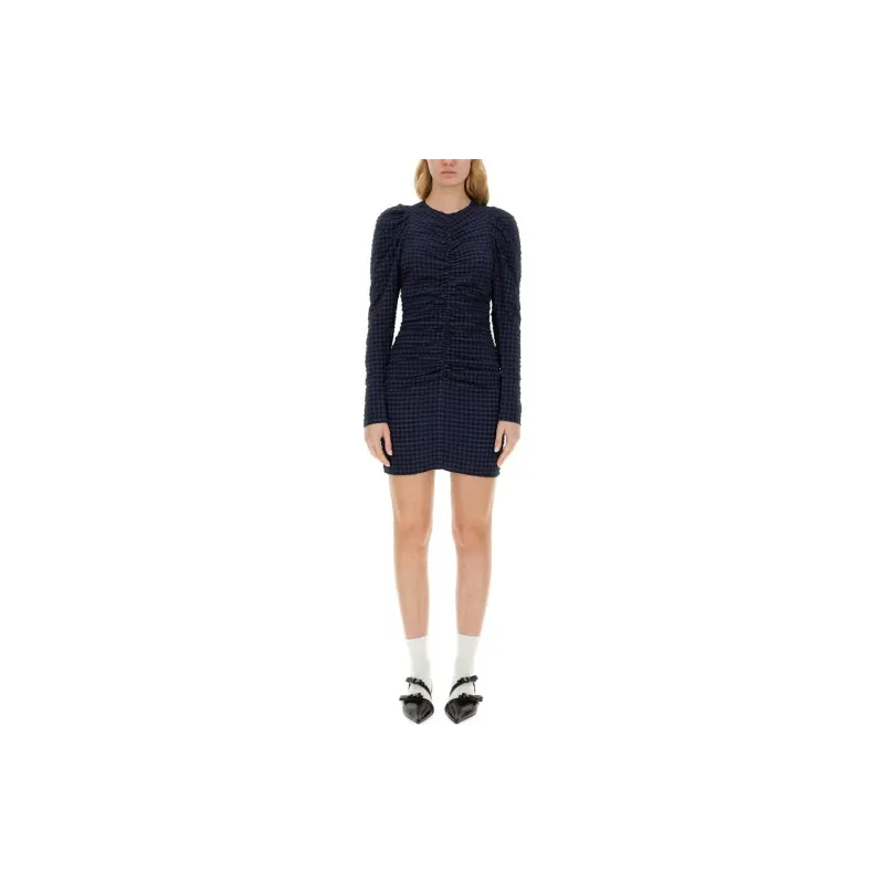 GANNI Gingham Printed Crewneck Seersucker Mini Dress-2