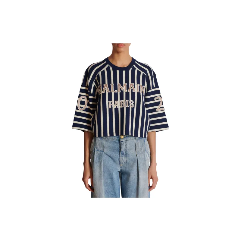 BALMAIN Striped Baseball T Shirt-4