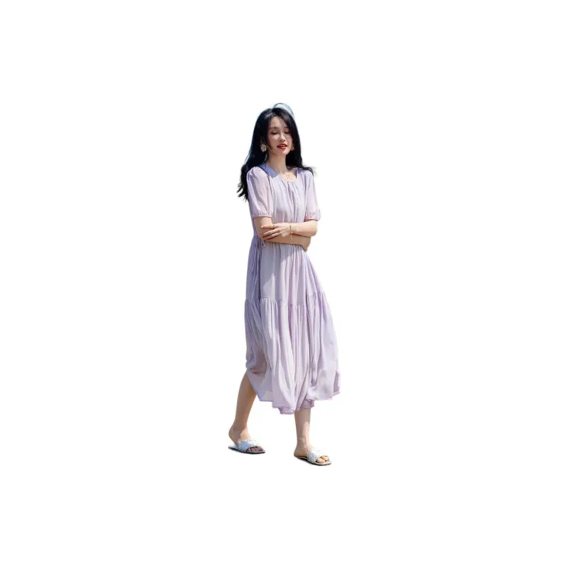 【dme】 Short Sleeved Dresses Women's Light Purple-2