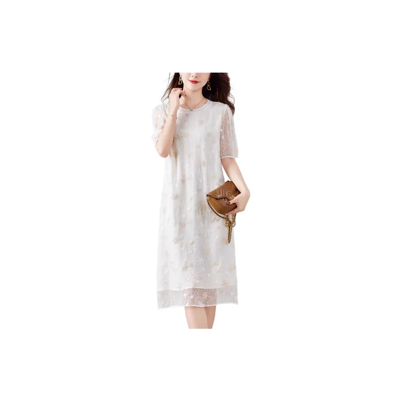 Yi Mengyuan Silk Short Sleeved Dress Women's Beige-2