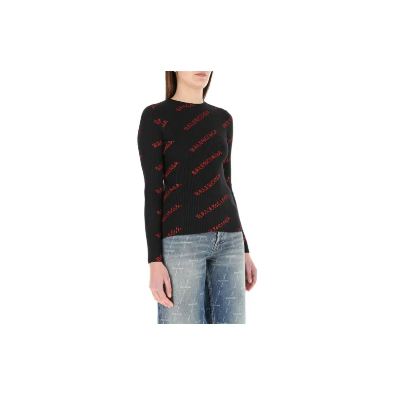 Balenciaga Logo Intarsia Crewneck Sweater 'Black/Red'-3