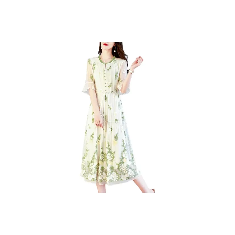 Yi Mengyuan Lace Up Silk Short Sleeved Dress Women's Green-2