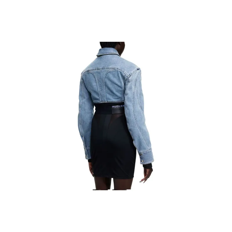 Mugler H&M Defined Waist Denim Crop Jacket Light Denim Blue/Black-3