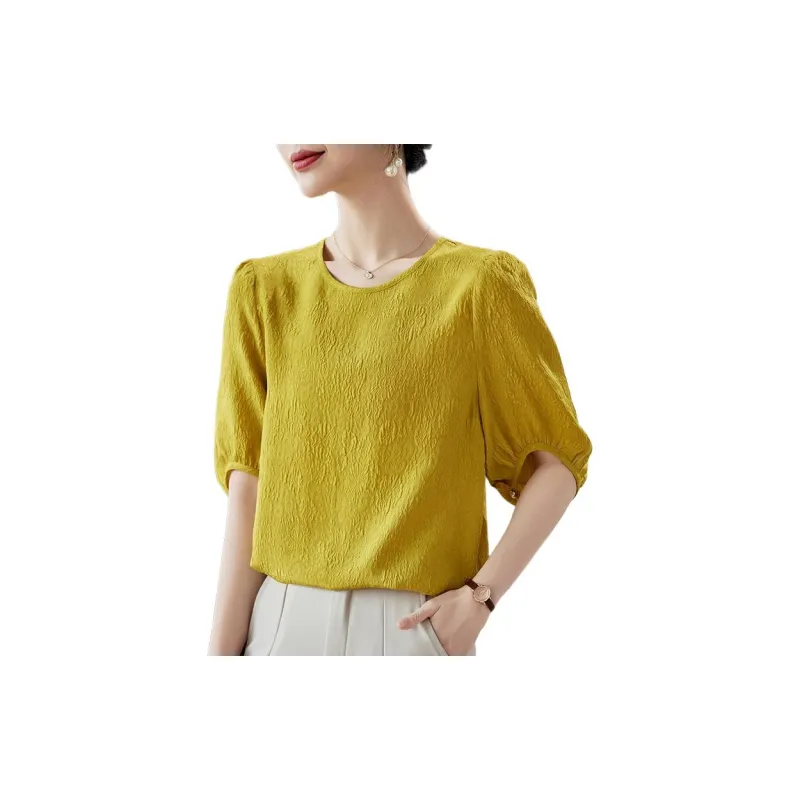 Yi Mengyuan Solid Color Crew Neck Slim Fit Elbow Length Sleeved Shirt Silk T shirt Women's-9