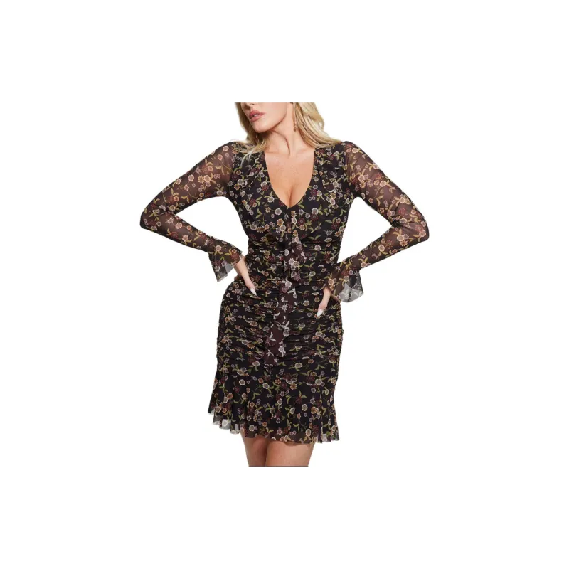 GUESS SS24 Eco Rosalee Ruffle Dress Long-Sleeved Dresses Women's Black-2