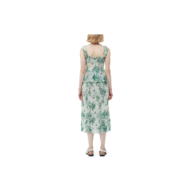 GANNI Pleated Georgette Smock Midi Dress Sleeveless Dress Women's Green-3