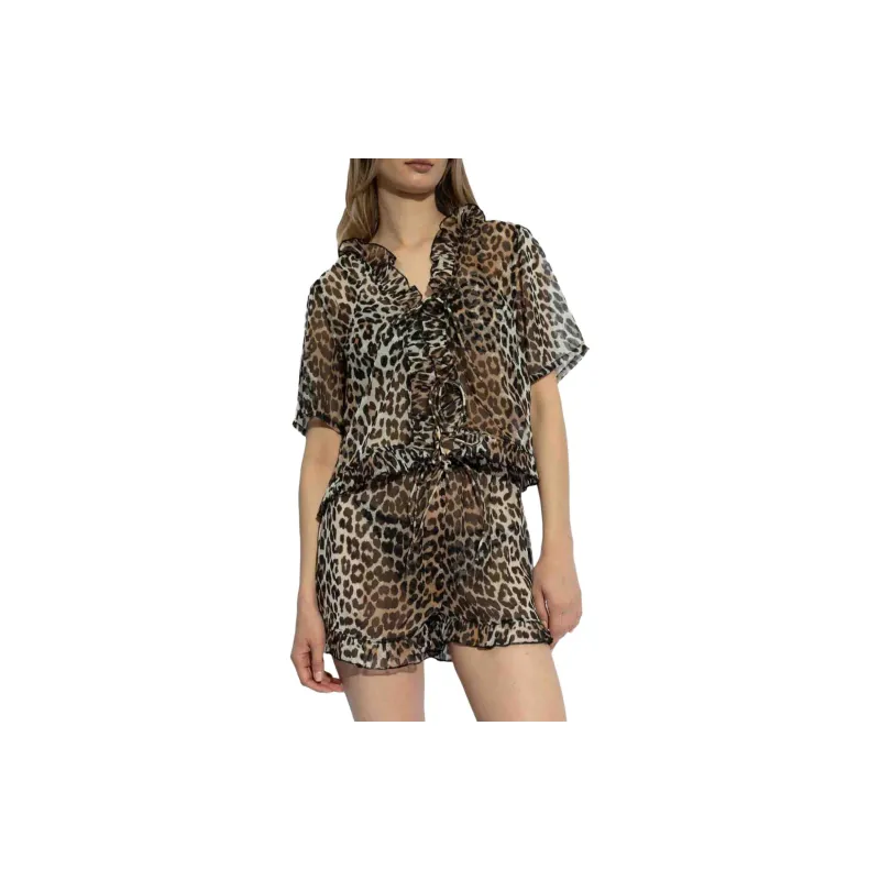 GANNI Leopard Printed Chiffon Tie String Blouse-3