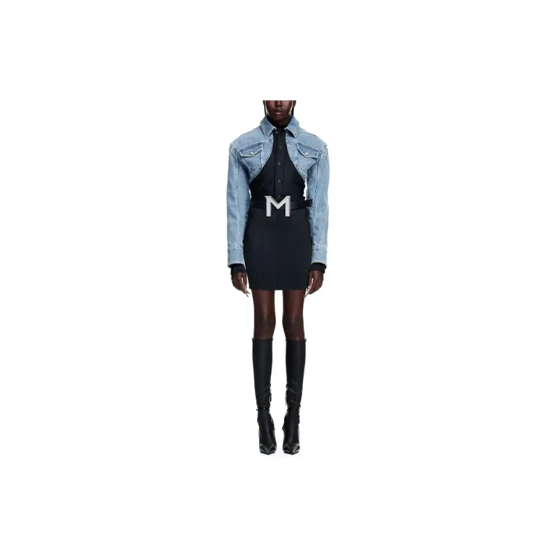 Mugler H&M Defined Waist Denim Crop Jacket Light Denim Blue/Black-1