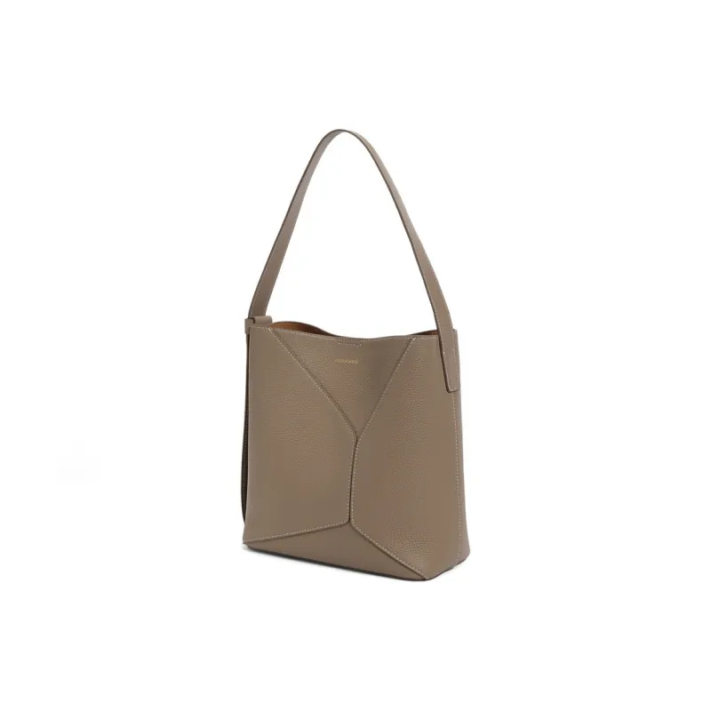 BELLE Genuine Leather Bucket Shoulder Bag Women's Ecru/Brown-11